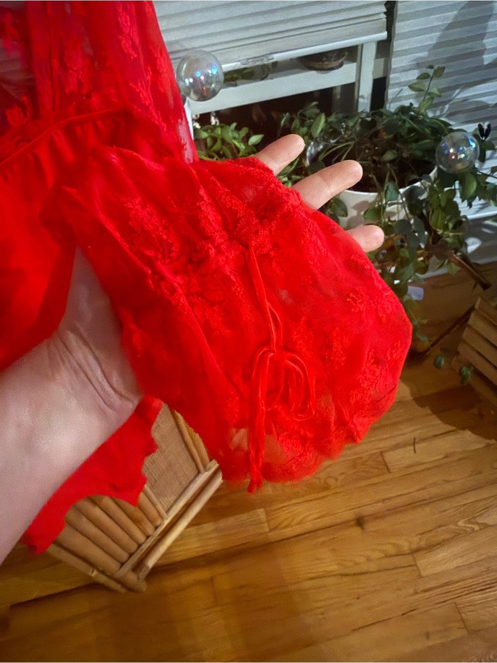 Free People Red Lace Long-Sleeve Bodysuit with Tie Sleeves - Picture 6 of 7